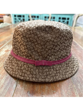 Coach Kids Vintage Y2K Signature Monogram Bucket Hat Khaki Magenta Pink L/XL